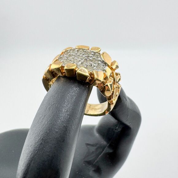 Vintage Gold Tone Nugget Ring Clear Rhinestone Pave Cluster Texture Statement - Picture 3 of 10